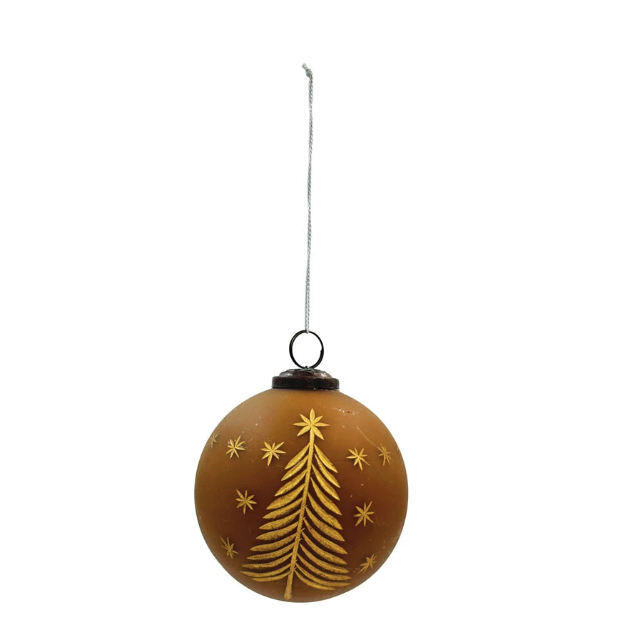 Hand-Painted Brown Glass Ornament wih Gold Etched Trees & Stars