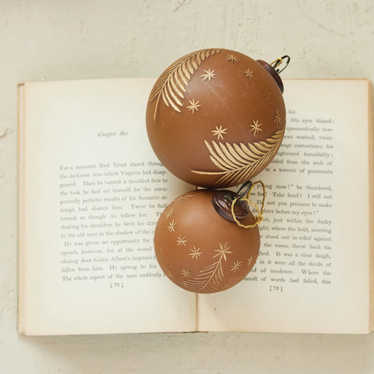 Hand-Painted Brown Glass Ornament wih Gold Etched Trees & Stars