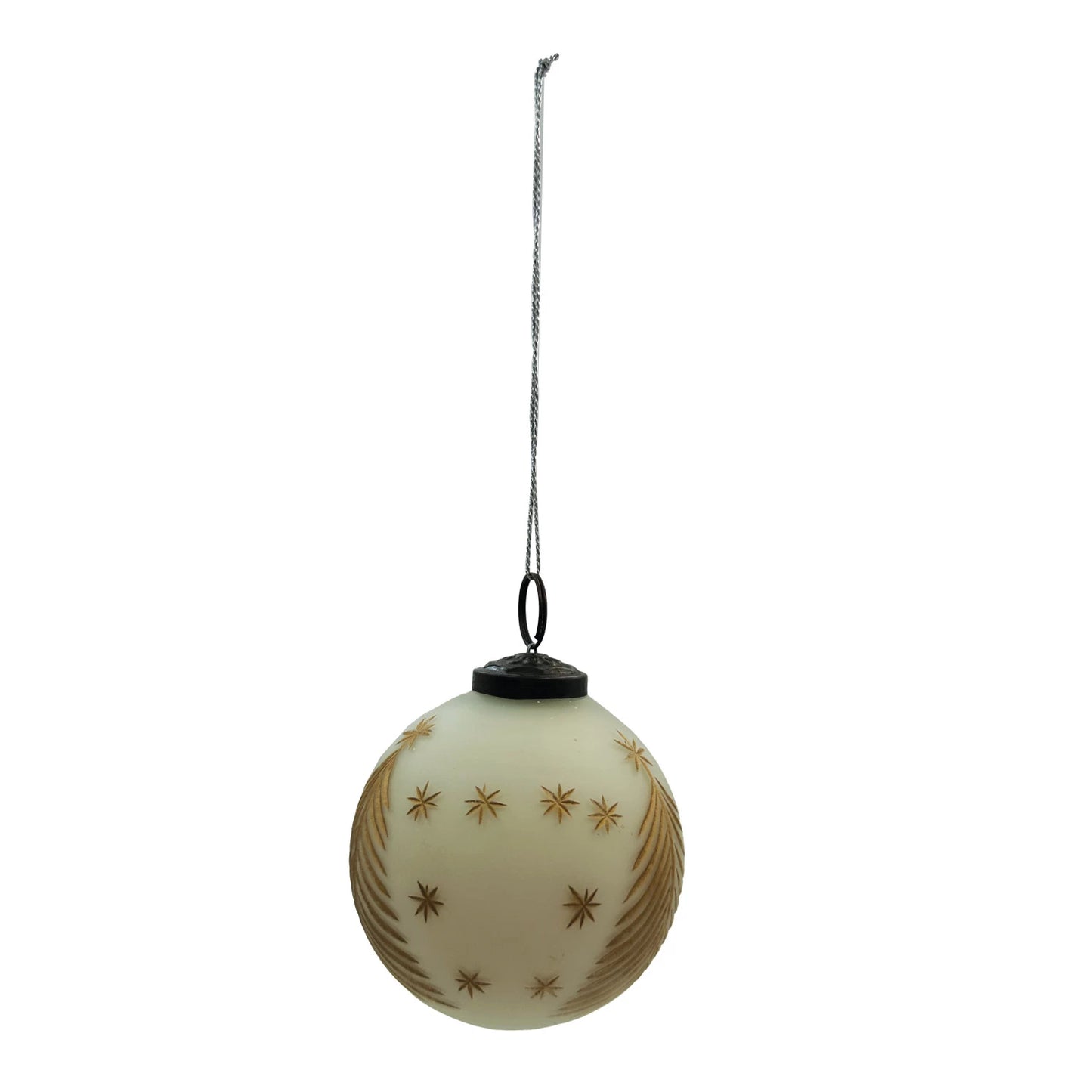 Hand-Painted Ivory Glass Ornament with Gold Etched Trees & Stars