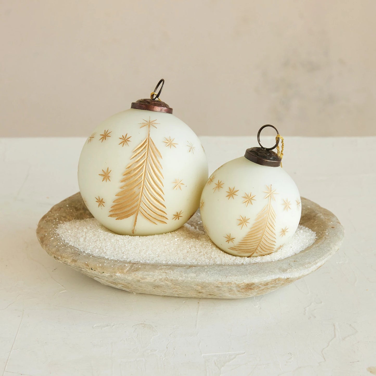 Hand-Painted Ivory Glass Ornament with Gold Etched Trees & Stars