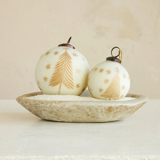Hand-Painted Ivory Glass Ornament with Gold Etched Trees & Stars