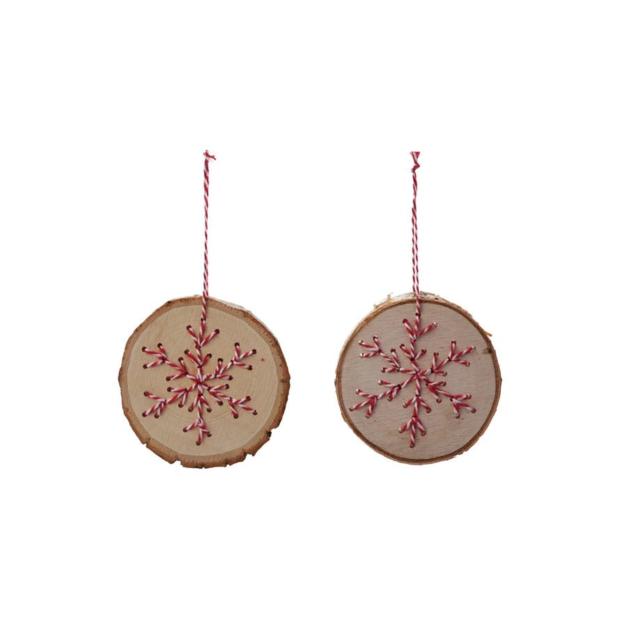 Birch Wood Slice Ornament with Yarn Snowflake