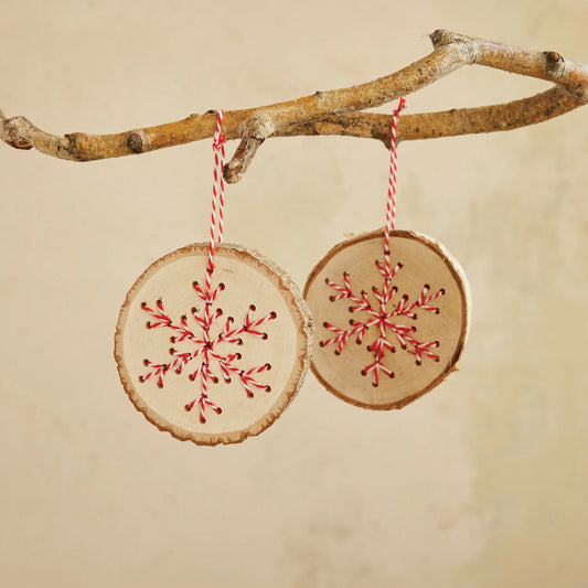 Birch Wood Slice Ornament with Yarn Snowflake