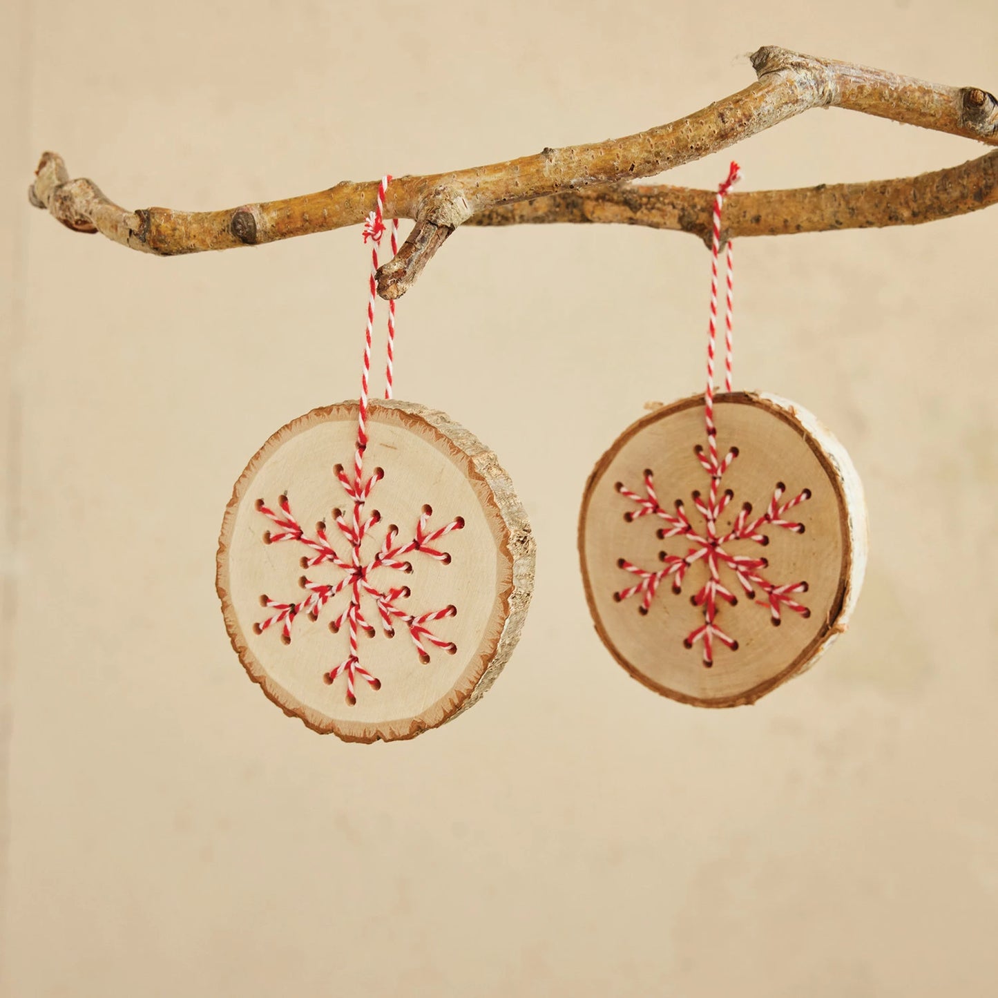 Birch Wood Slice Ornament with Yarn Snowflake