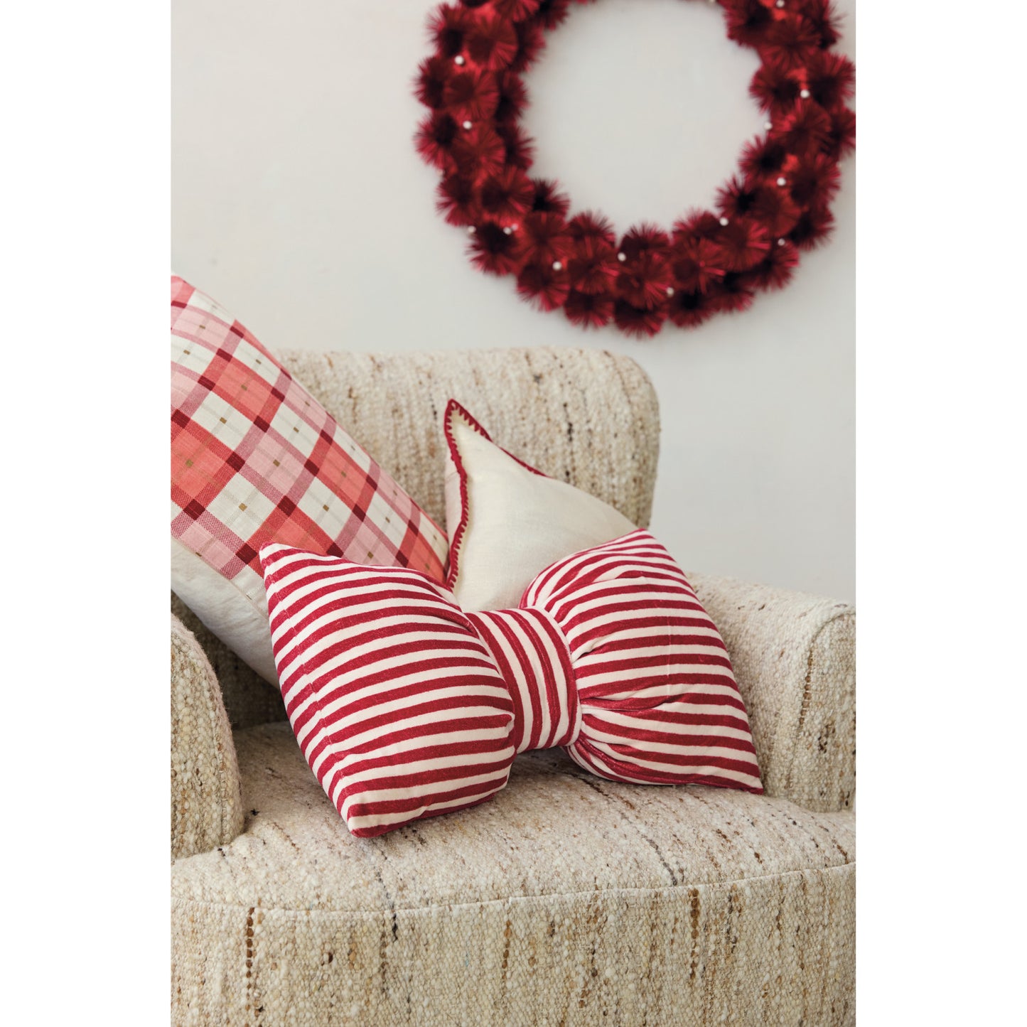 Cotton Velvet Bow Shaped Red Striped Lumbar Pillow