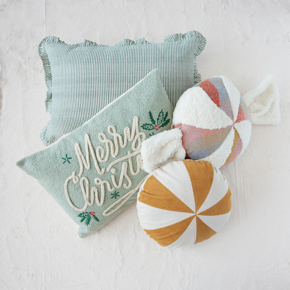 Woven Cotton Green Striped Lumbar Pillow w/ Ruffle Edge