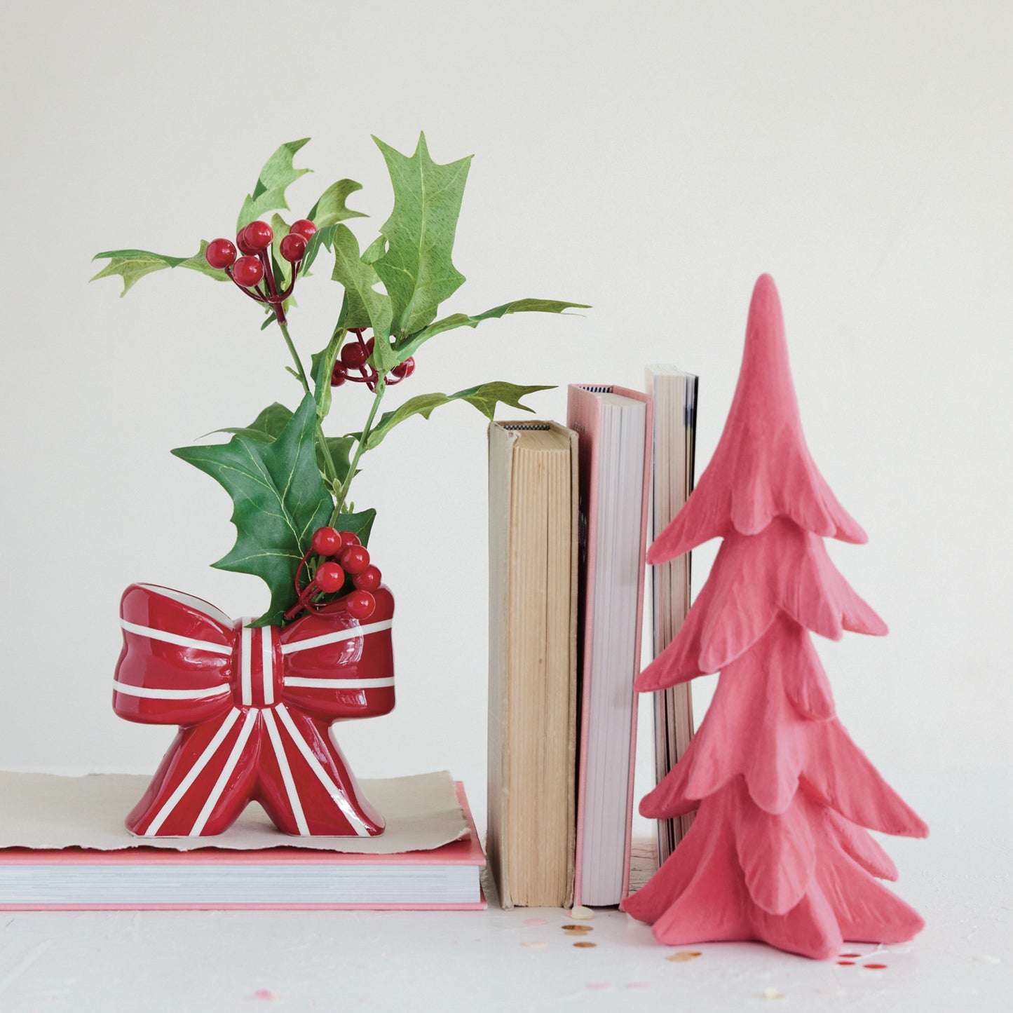 Red & White Ceramic Striped Bow Shaped Vase