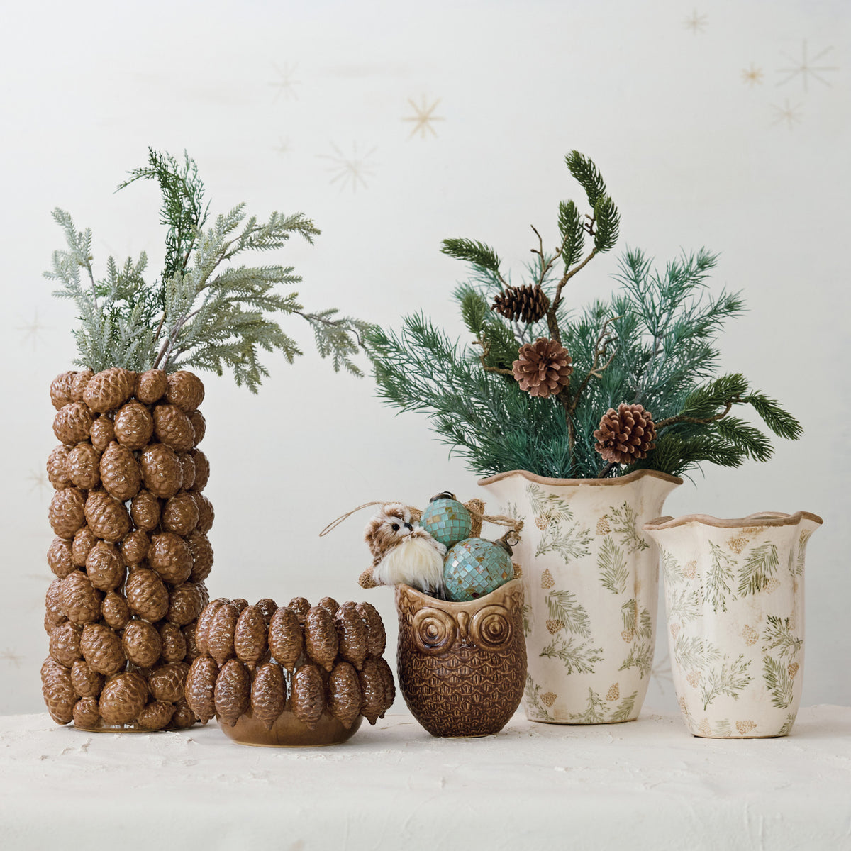 Stoneware Scalloped Vase w/ Pine Bough Pattern