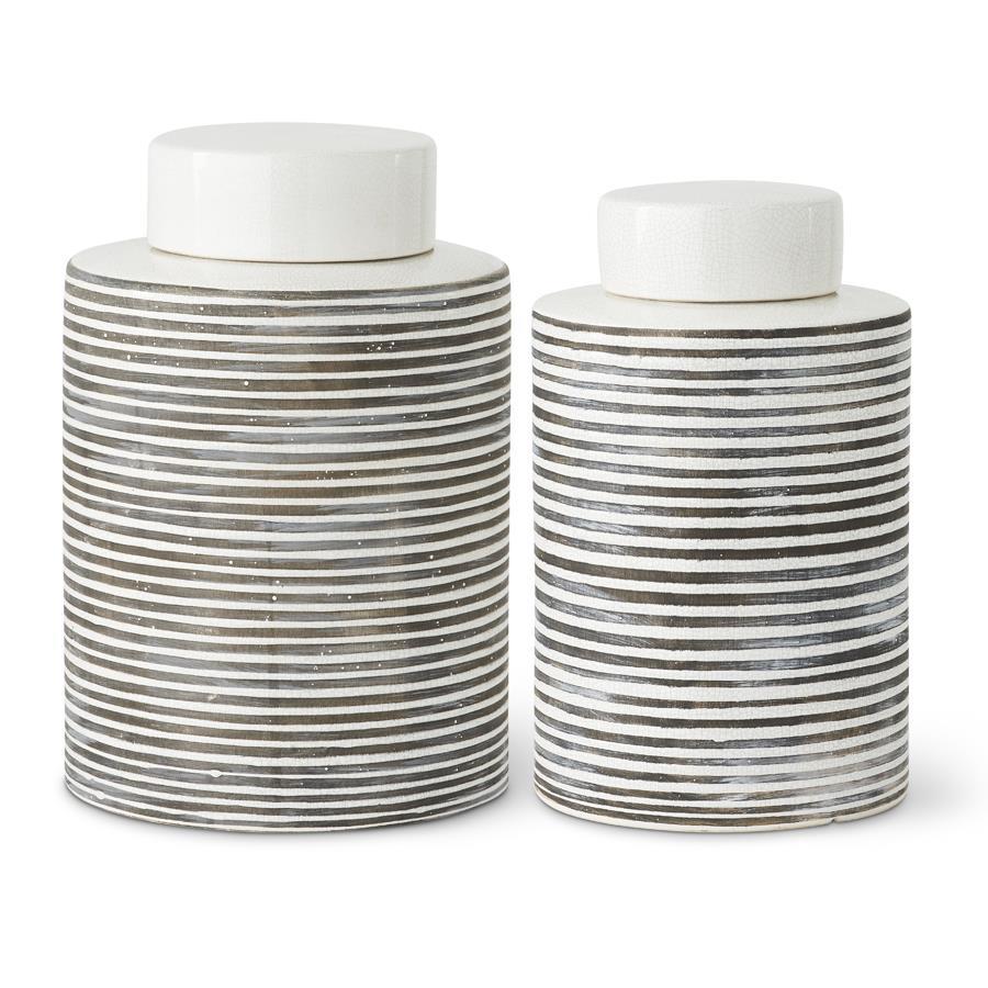 Ceramic Jar Gray Striped with Lid Lg