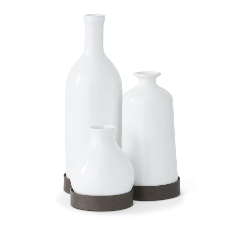 Cluster of 3 Ceramic Vases/Metal Base
