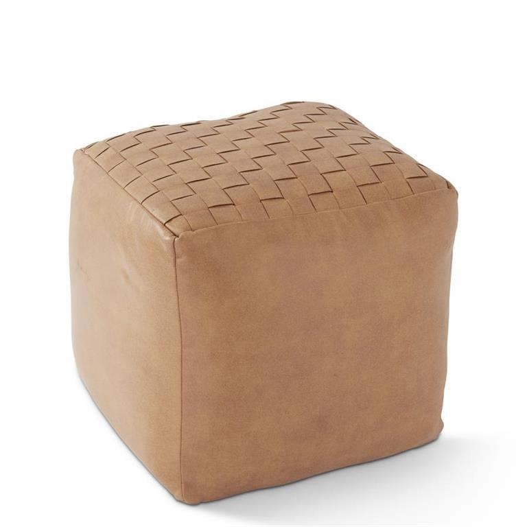 Tan Woven Vegan Leather Square Pouf