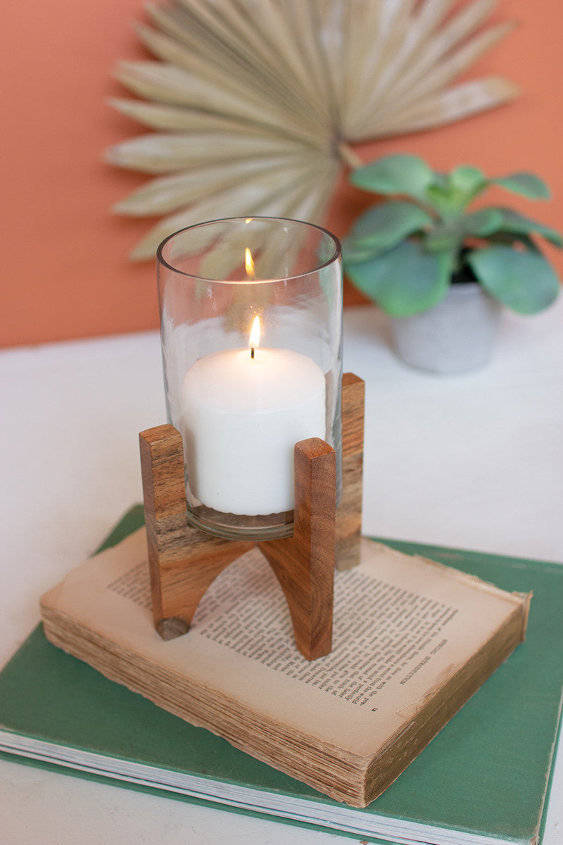 glass hurricane with acacia wood stand