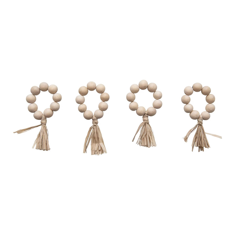 Wood Bead Napkin Rings Raffia Tassel