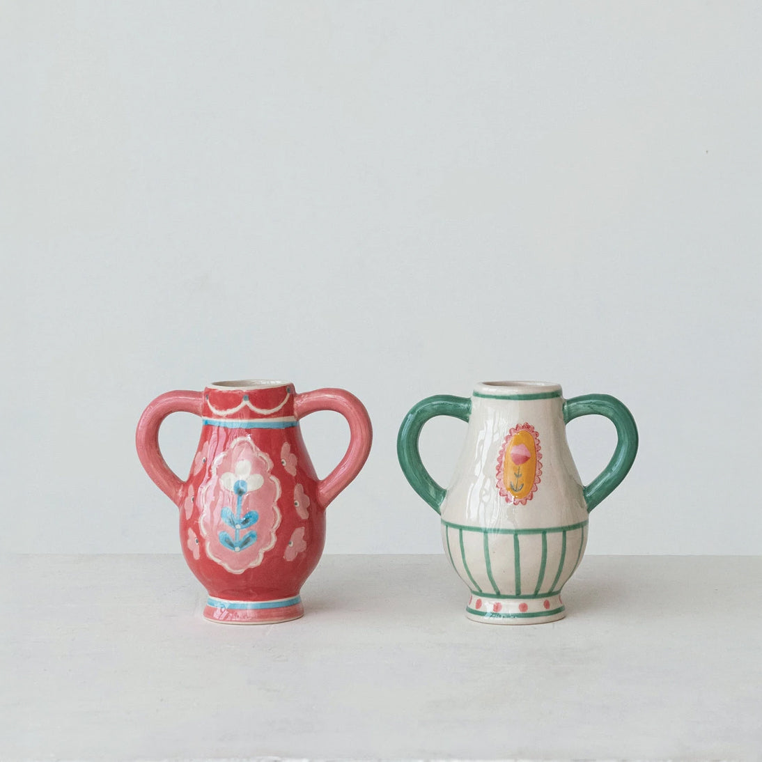 Hand-Painted Stoneware Vases with Handles