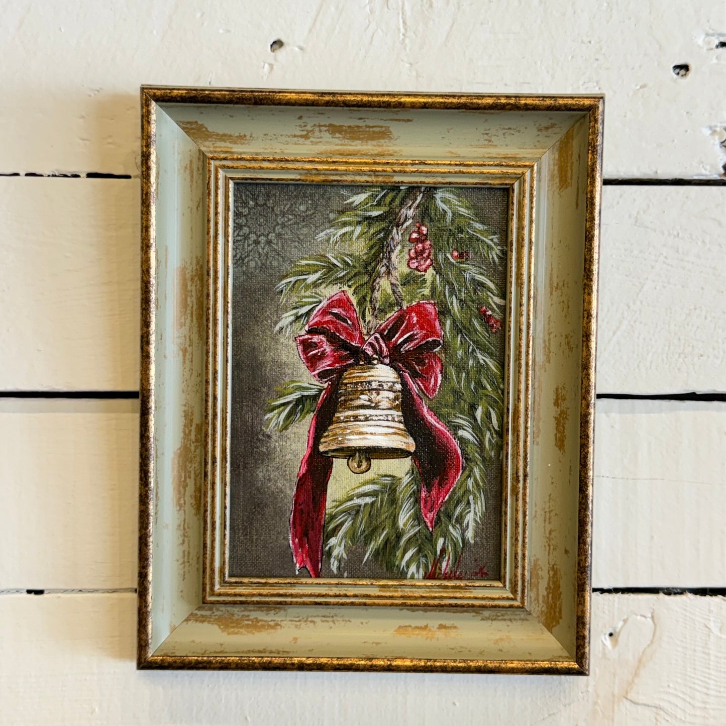 Christmas Bell w/ Red Bow & Berries Hand Painting