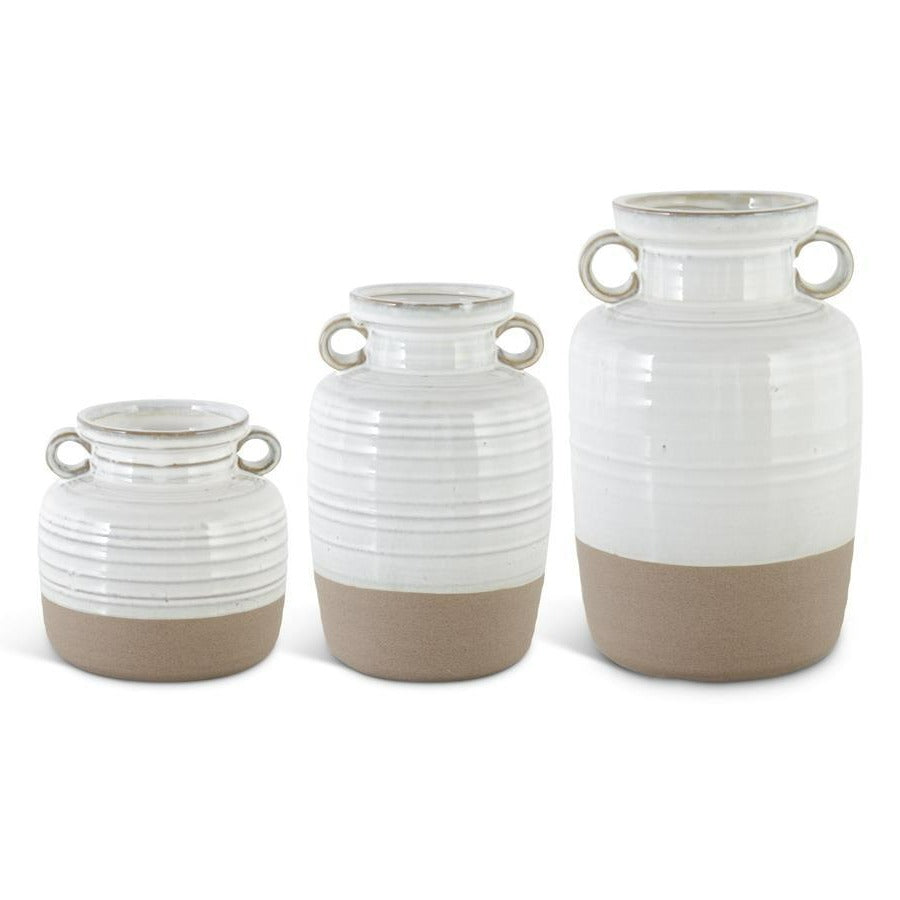 White Ceramic Double Handled Pots w/Unglazed Bottoms