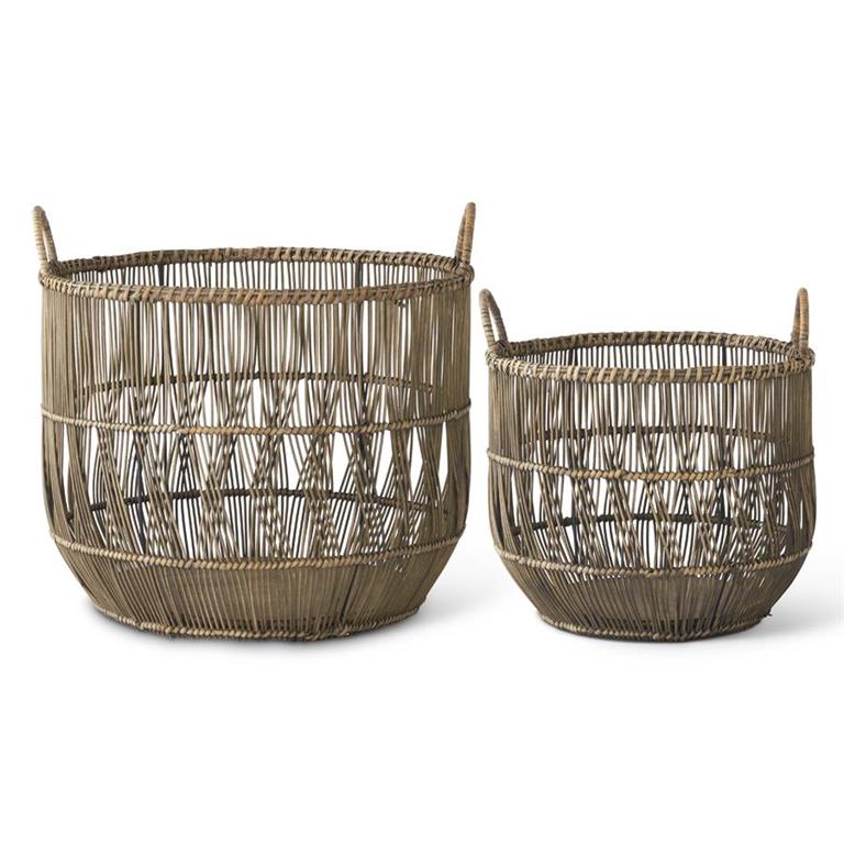 Gray Wash Rattan Nesting Basket w/ Handle