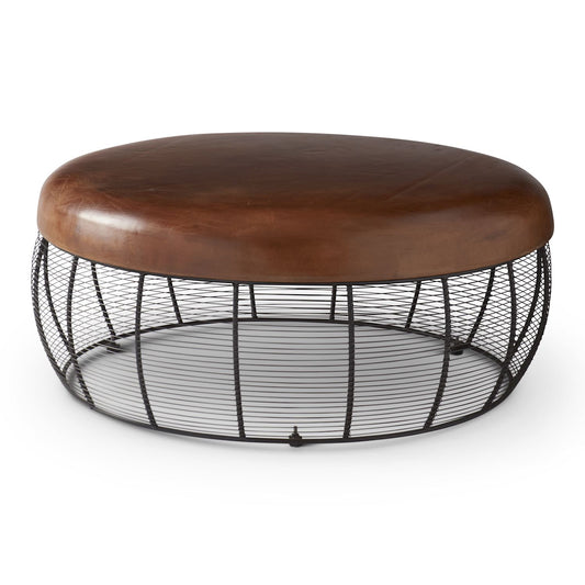 Round Brown Leather & Black Metal Coffee Table