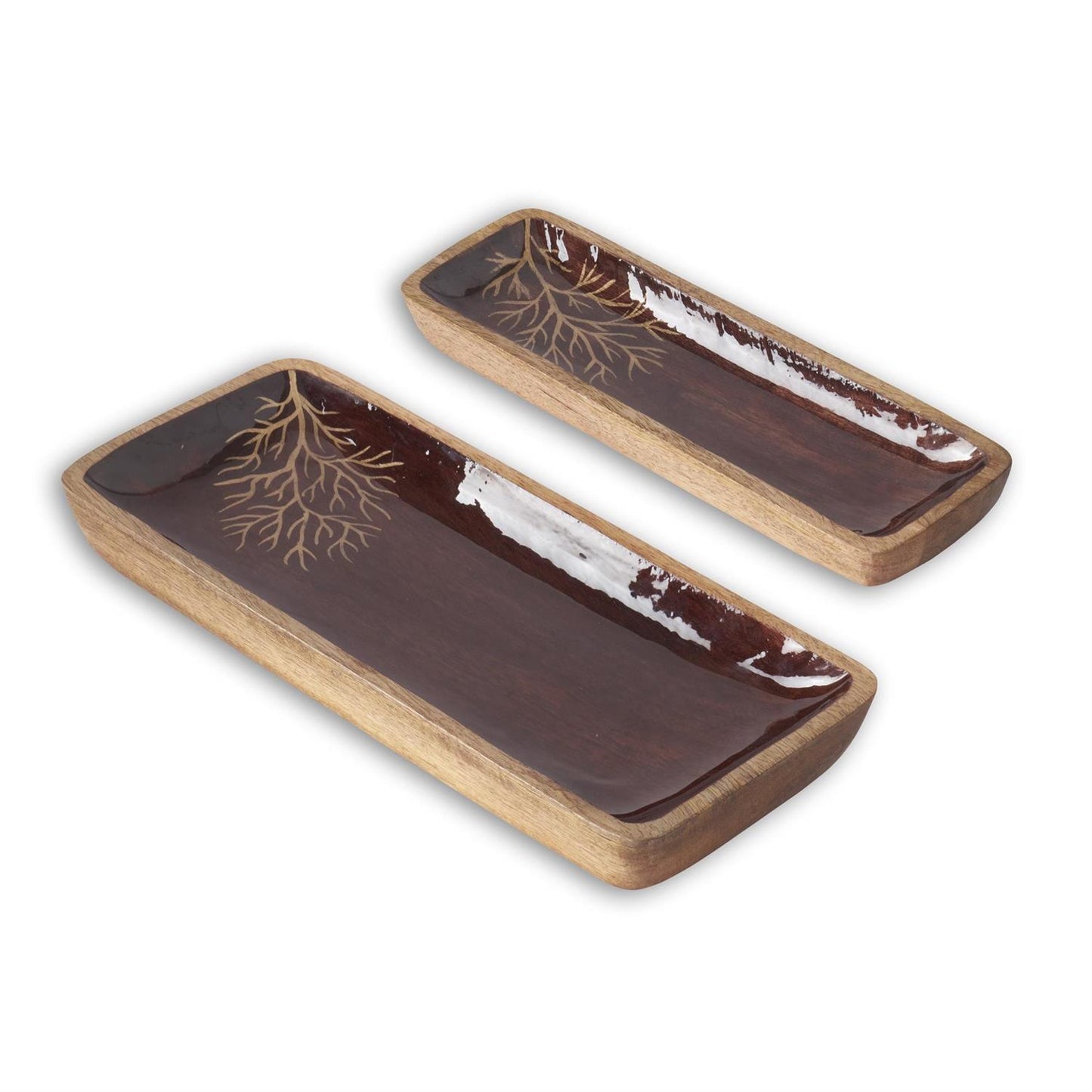 Wood Brown Enameled Gold Leaf Rectangular Trays