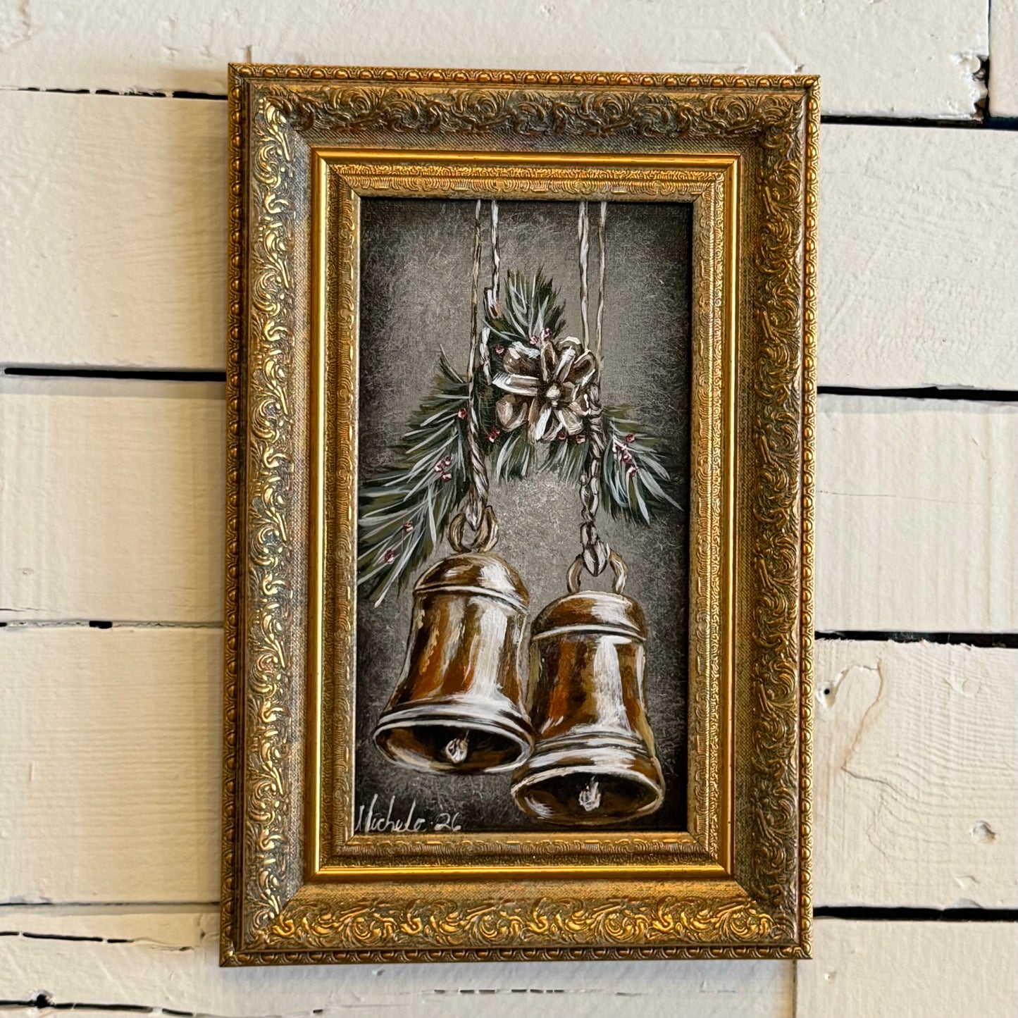 Vintage Christmas Bell & Pinecone Hand Painting
