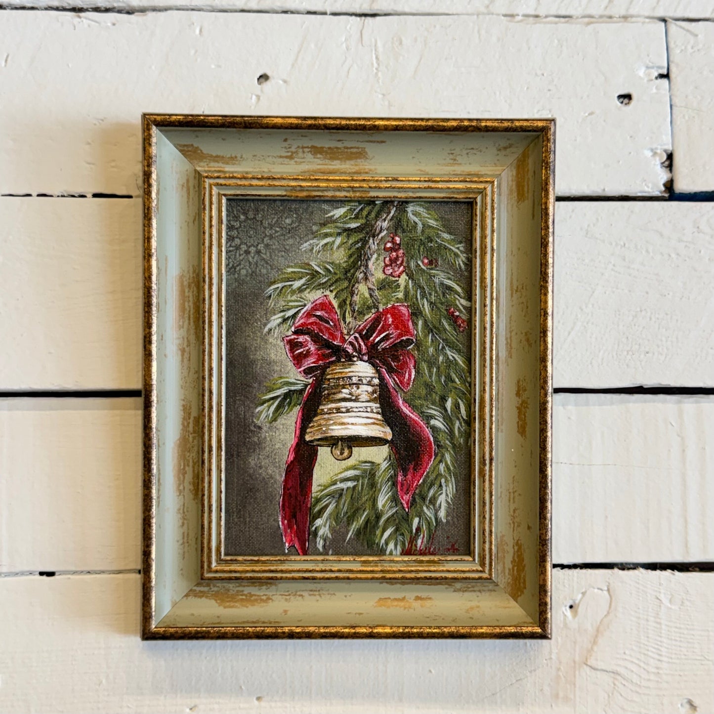 Christmas Bell w/ Red Bow & Berries Hand Painting
