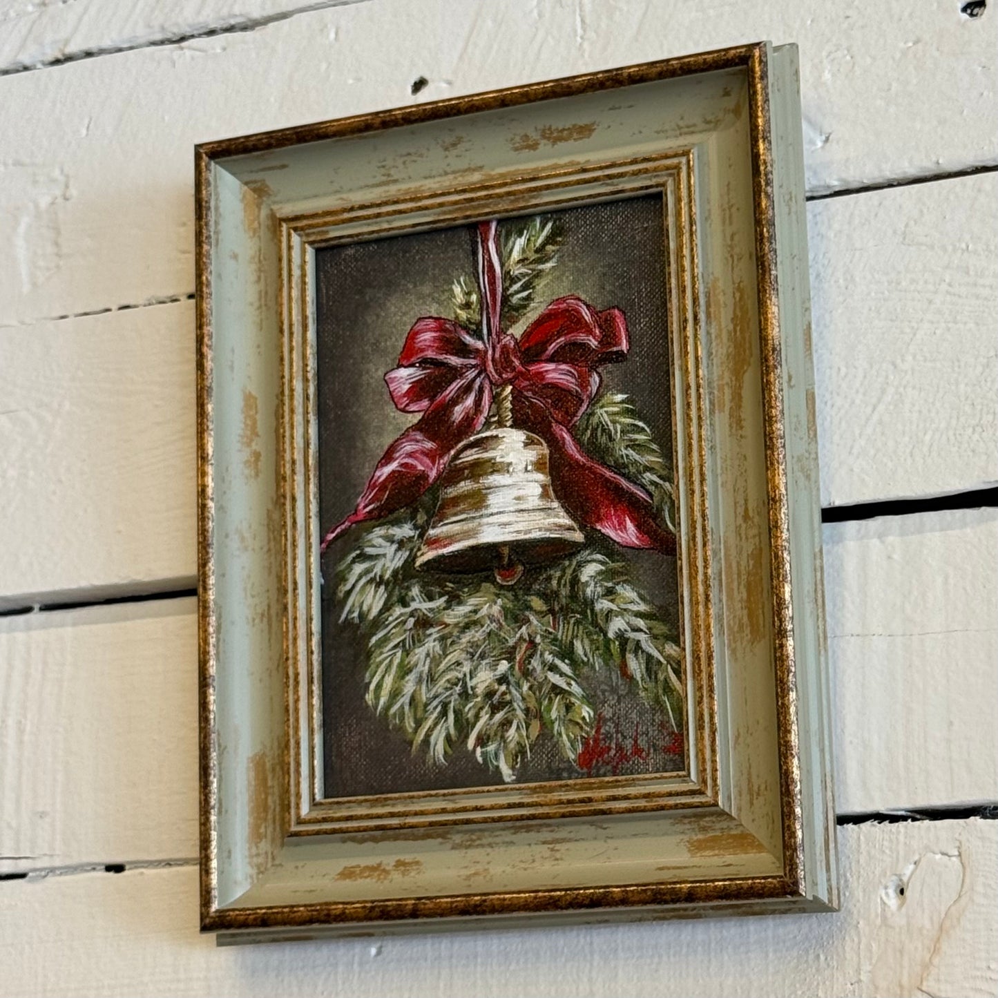 Vintage Christmas Bell w/ Red Bow Hand Painting
