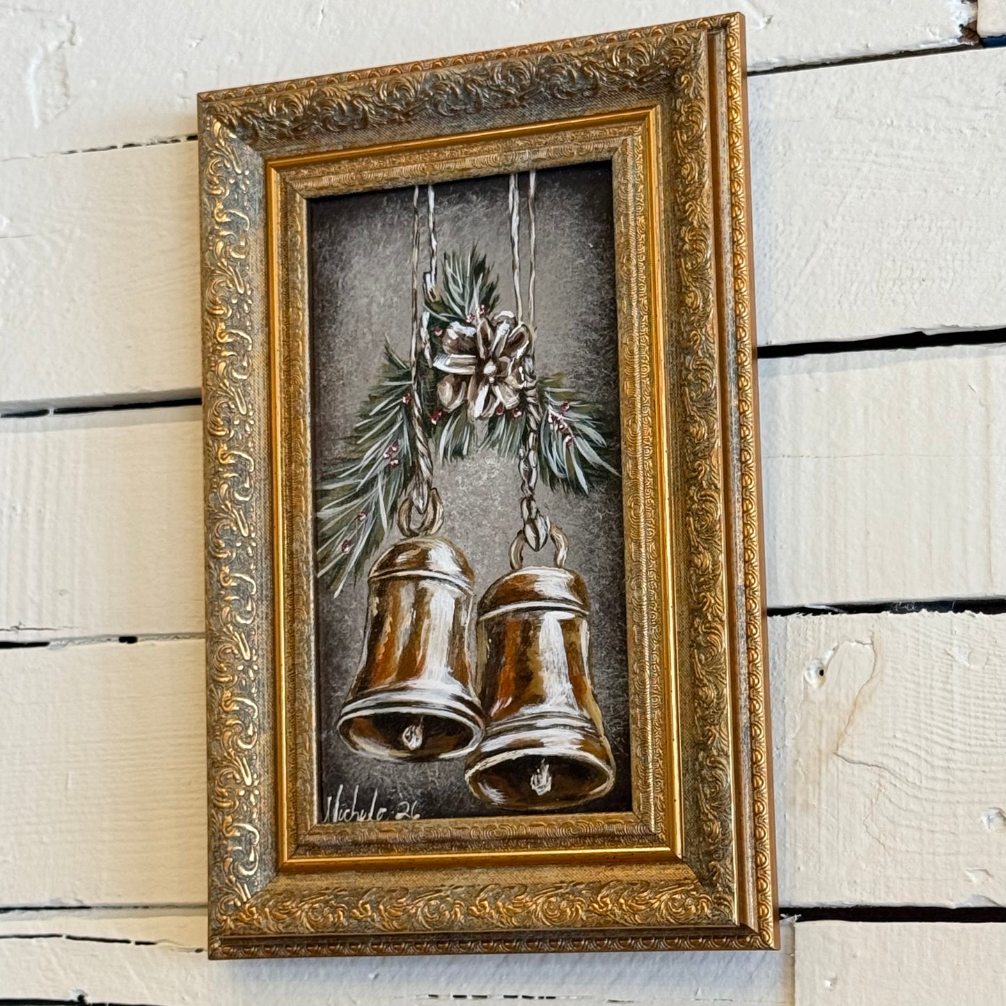 Vintage Christmas Bell & Pinecone Hand Painting