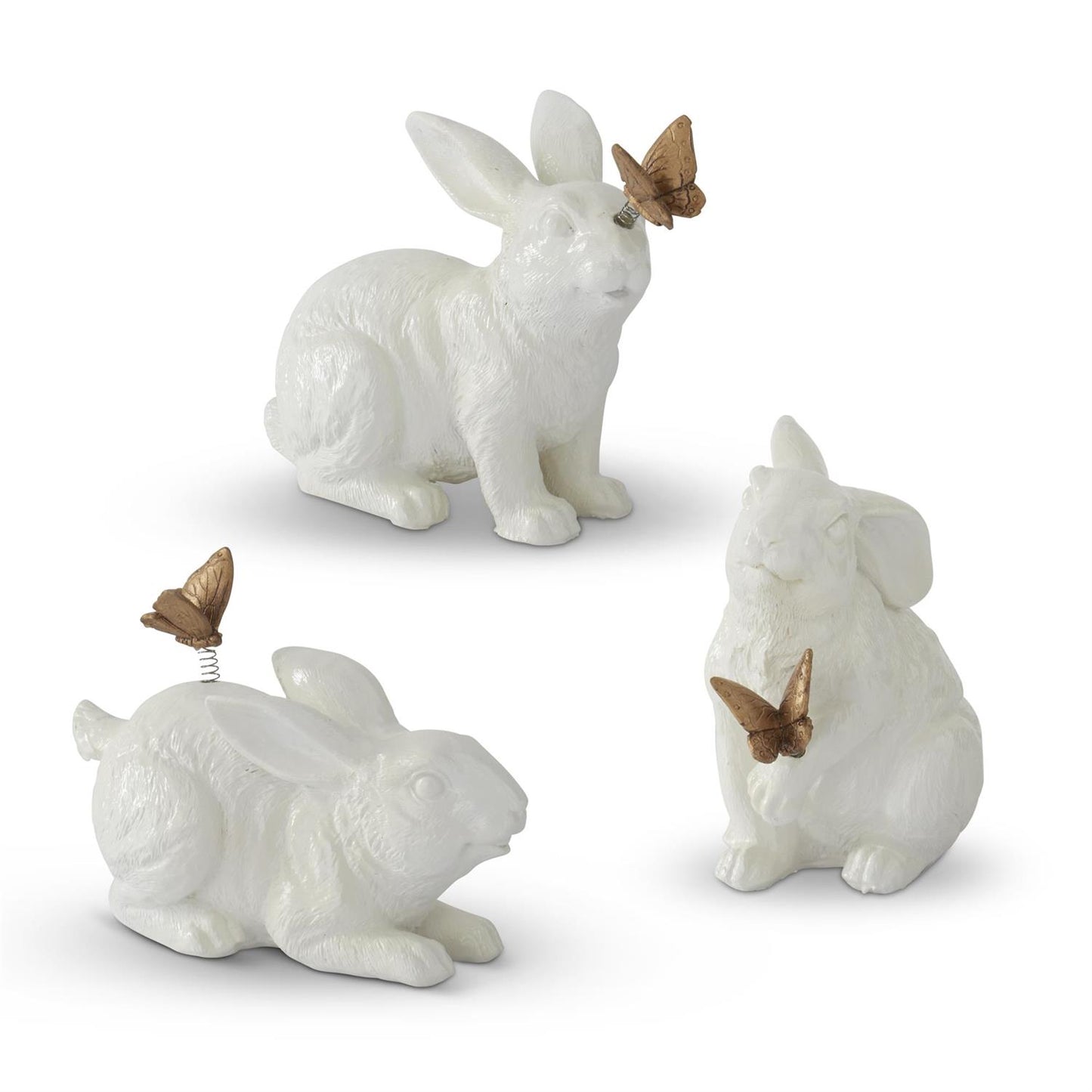 Glossy White Resin Garden Rabbits w/Gold Butterflies