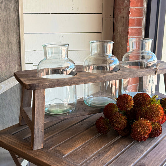 Wooden Flower Stand With 3 Glass Bottles