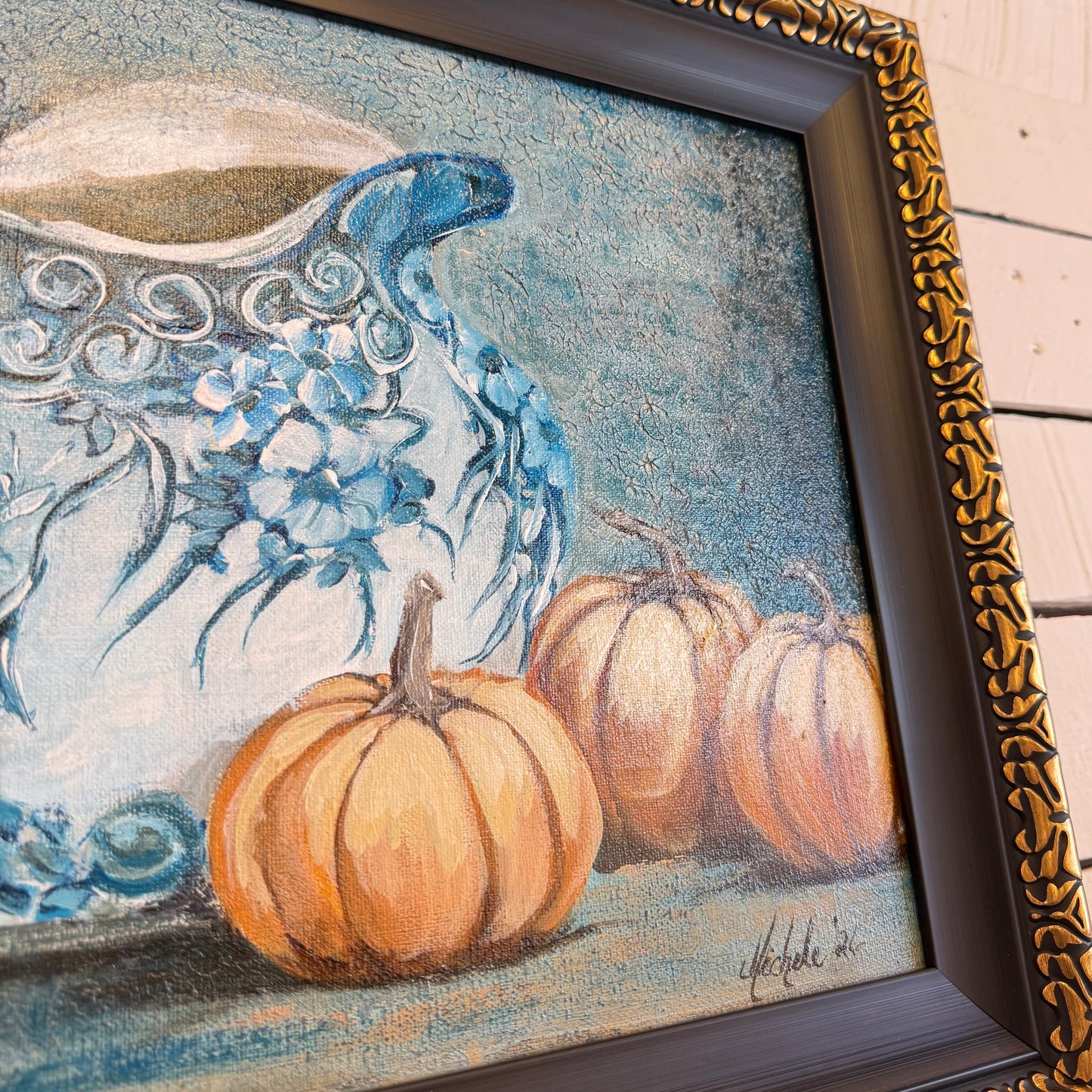 Blue Floral Pitcher & Pumpkins Hand Painting