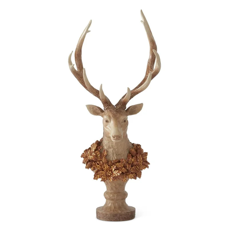 Faux Woodgrain Deer Bust on Pedestal w/ Gold Wreath