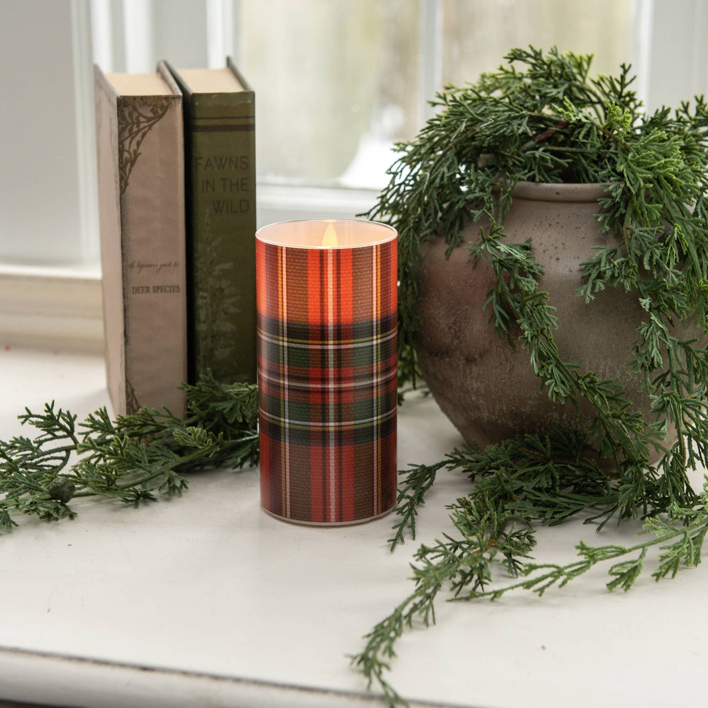 Red Tartan Plaid Glass LED Candle with 3D Flame
