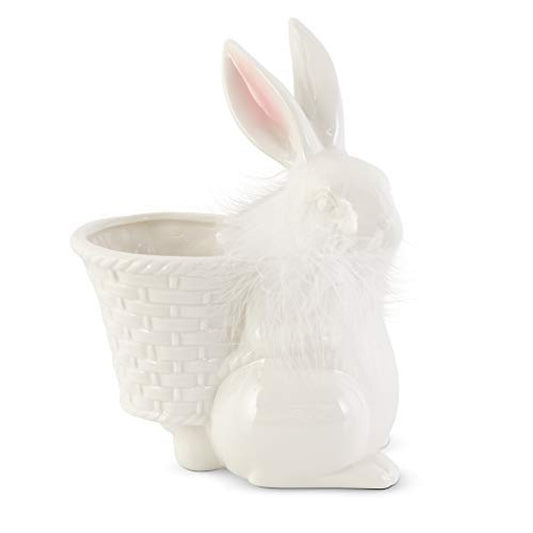 Porcelain Feathered Bunny w/ Basket | White
