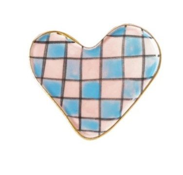 Hand-Painted Stoneware Heart Shaped Magnet w/ Pattern & Gold Electroplated Edge