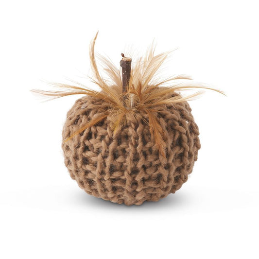 4 Inch Brown Crochet Pumpkin w/ Wood Stem and Feathers