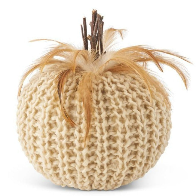 Cream Crochet Pumpkin w/Feathers