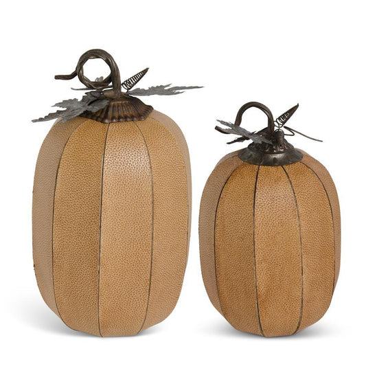 Orange Split Leather Pumpkins w/ Metal Leaves & Stem