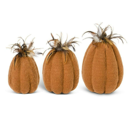 Orange Knit Pumpkins w/Wood Stem & Feathers