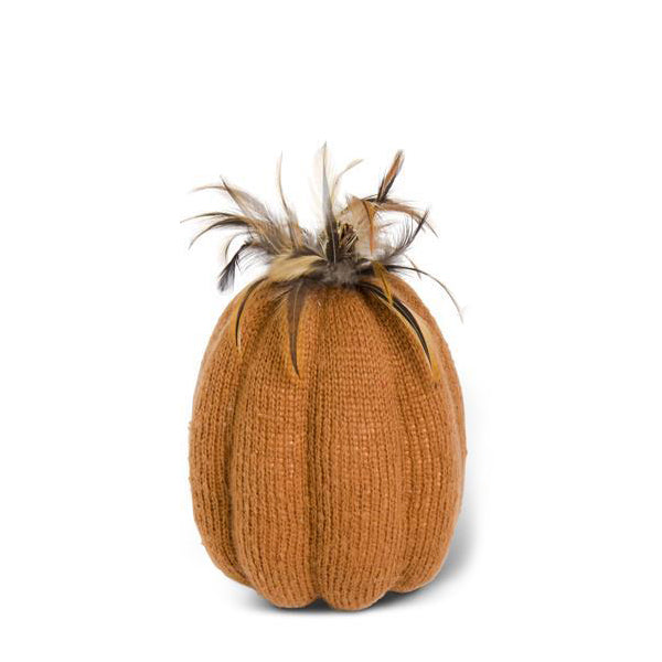 Orange Knit Pumpkins w/Wood Stem & Feathers