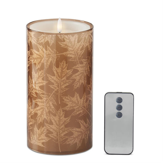 Brown Leaves Glass Slipcover w/ LED Candle