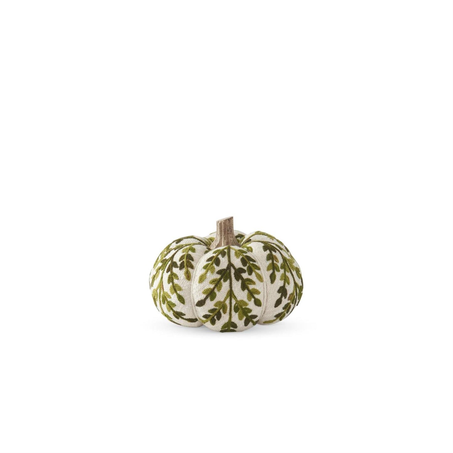 Green Foliage Knit Pumpkin w/ Wood Stem