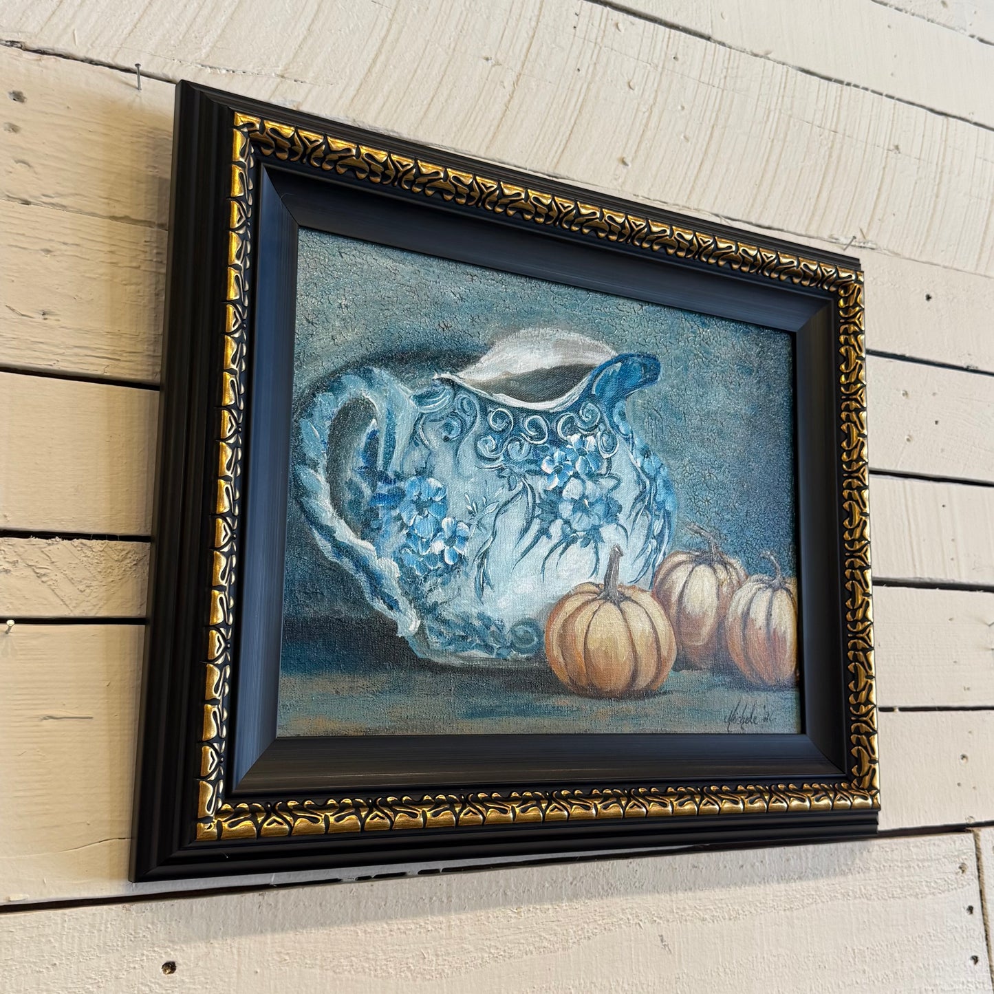 Blue Floral Pitcher & Pumpkins Hand Painting