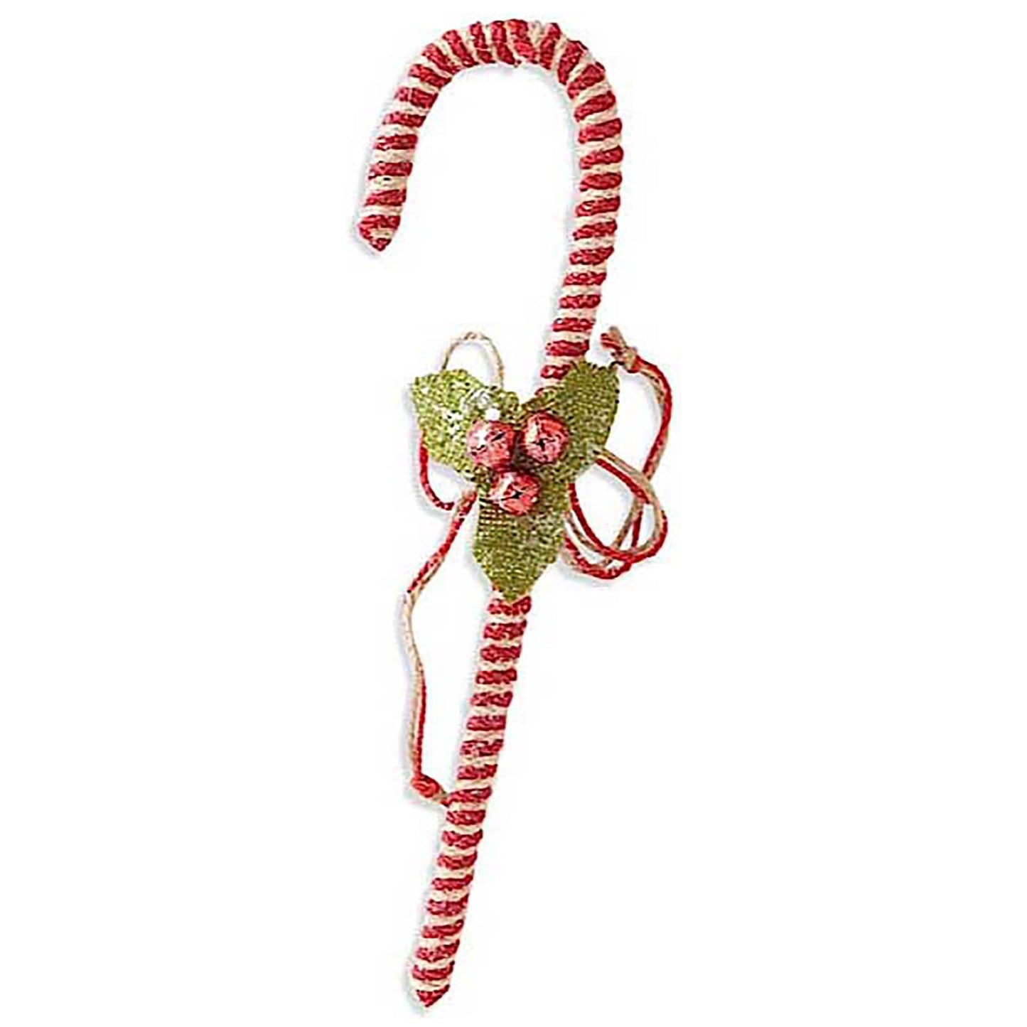 Red Striped Candy Cane with Holly Leaves & Bells Ornament