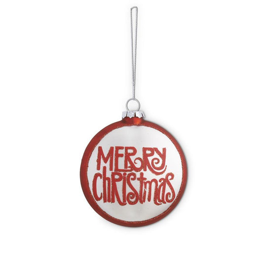 Red w/Cream Glass Flat Round Merry Christmas Ornament