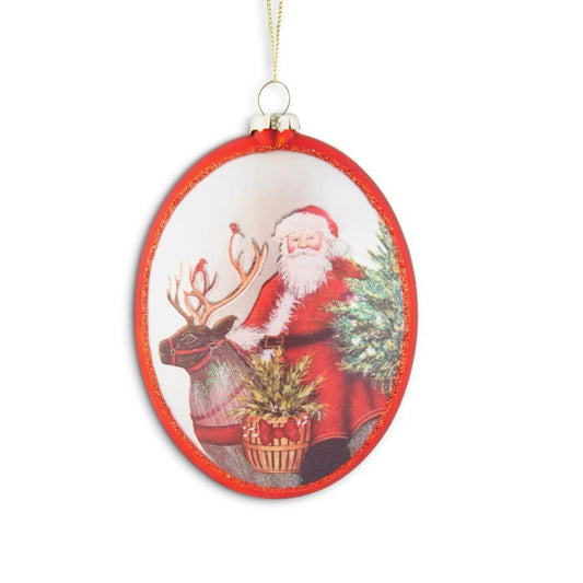 Flat Oval Ornament w/Santa and Reindeer