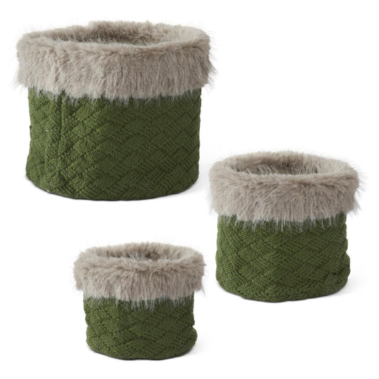 Dark Green Knit Fur Trimmed Nesting Basket w/ Liner