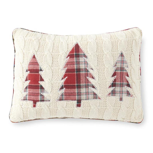 Cream Cable Knit Pillow with Plaid Christmas Trees