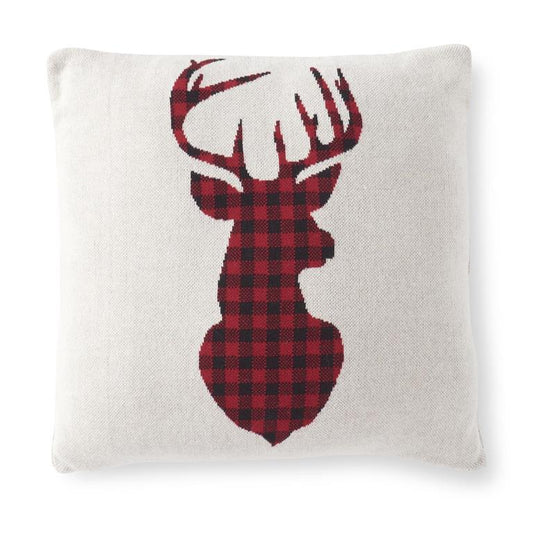 Cream Knit Pillow w/Red & Black Buffalo Check Deer Bust