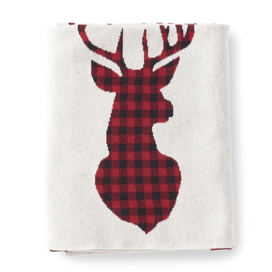 Cream Knit Throw Blanket w/Red & Black Buffalo Check Deer Bust