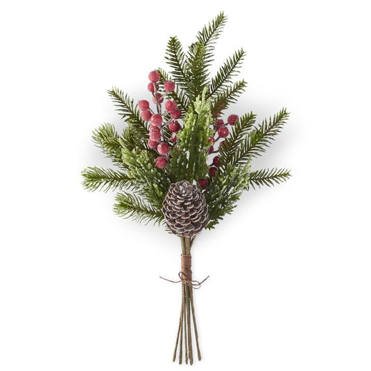 19 Inch Glittered Icy Mixed Pine Bundle w/Red Berries & Pinecones